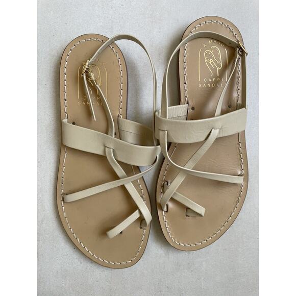 A. Mano Capri Sandals Flats Shoes Strapply Leather Tan Italy - Picture 2 of 9